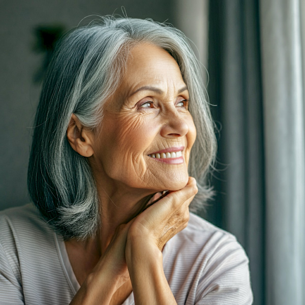 graceful woman looking out the window smiling facing right